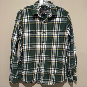Old Navy Flannel Shirt Mens Med Green Vintage Tag Button Up Plaid Pockets Thick
